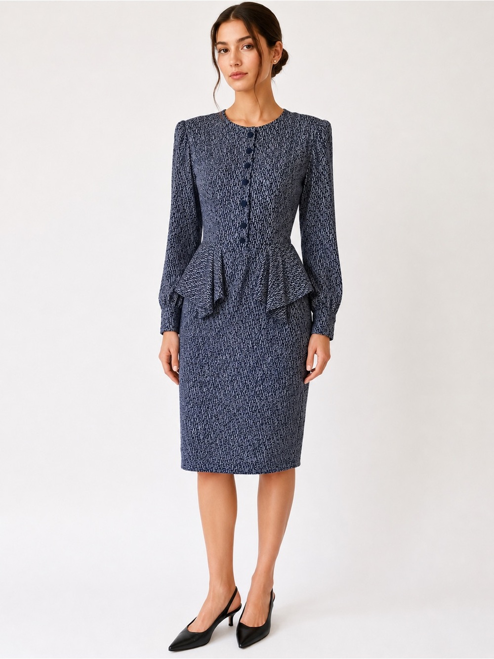 Vintage Michelle Stuart Petite Peplum Dress Navy Secretary Dress XS